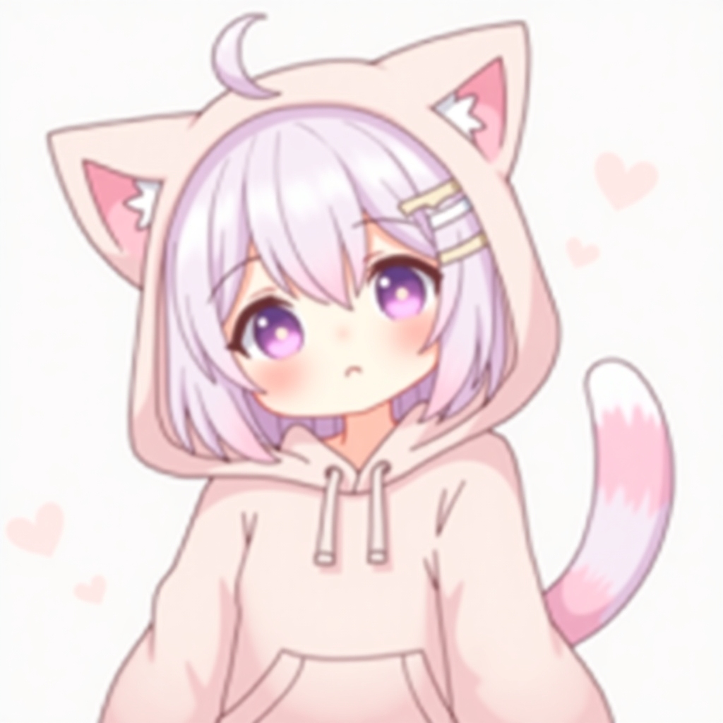 cute neko girl with pastel hair, cat ears and tail, oversized hoodie, soft lighting, kawaii expression, anime illustration
