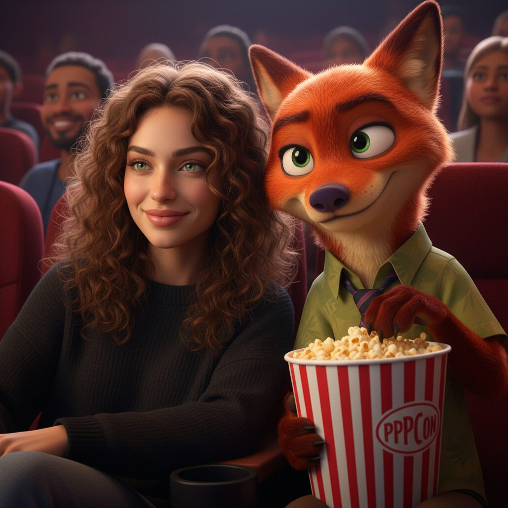 [Ref Image 1: Template, Ref Image 2: User]. TASK: Identity Swap. ACTION: Replace the human's face with the user's face. KEEP Nick Wilde (the fox) EXACTLY THE SAME. EXPRESSION LOCK: Nick must have a charming, friendly smirk. Soft, wide eyes. NOT angry, NOT scary. He is a cute animated character. PRESERVE the popcorn and theater background. The user looks happy.