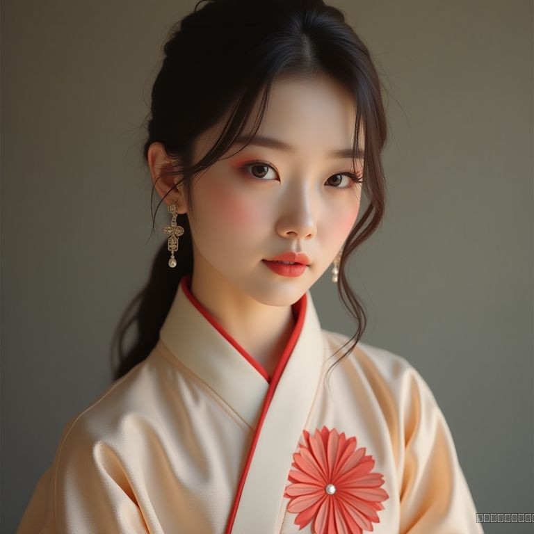 portrait of a korean woman, hanbok inspired modern dress, elegant pose, studio lighting, soft focus, detailed skin texture