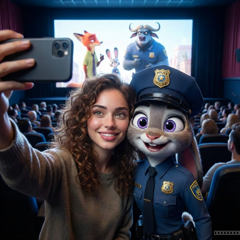 [Ref Image 1: Template, Ref Image 2: User]. TASK: Identity Swap. ACTION: Replace the human's face with the user's face. KEEP Judy Hopps EXACTLY THE SAME. EXPRESSION LOCK: Judy has a warm, cute smile. Big friendly purple eyes. Soft fur texture, NOT realistic gritty fur. The vibe is a fun movie date. The final image must look like a selfie taken by the user with their arm extended.