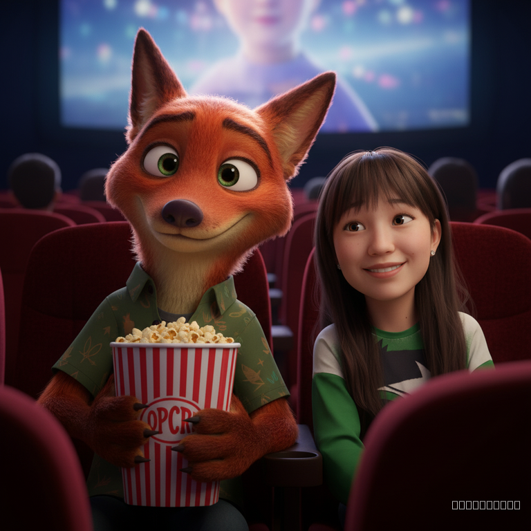 [Ref Image 1: Template, Ref Image 2: User]. TASK: Identity Swap. ACTION: Replace the human's face with the user's face. KEEP Nick Wilde (the fox) EXACTLY THE SAME. EXPRESSION LOCK: Nick must have a charming, friendly smirk. Soft, wide eyes. NOT angry, NOT scary. He is a cute animated character. PRESERVE the popcorn and theater background. The user looks happy.