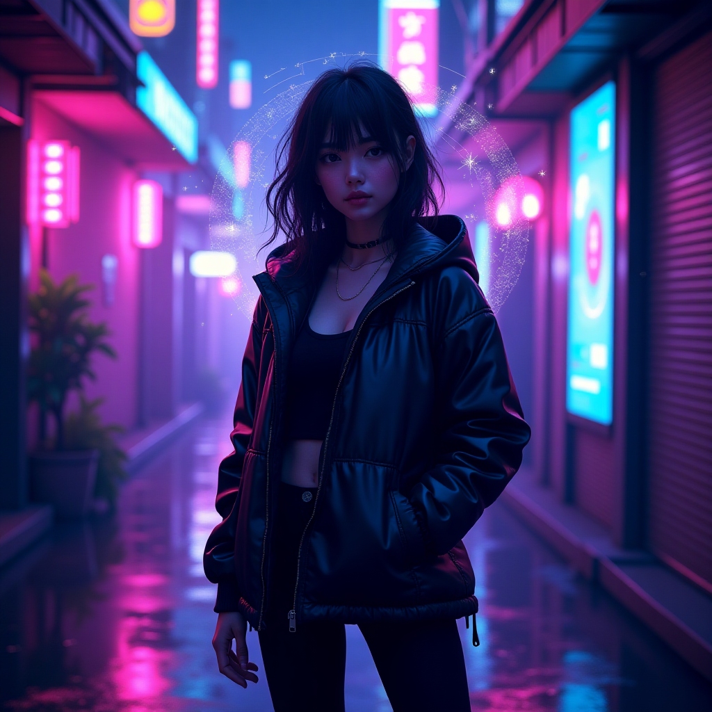 hacker girl in neon-lit alley, holographic ui, purple and teal lights, reflective jacket, cyberpunk illustration