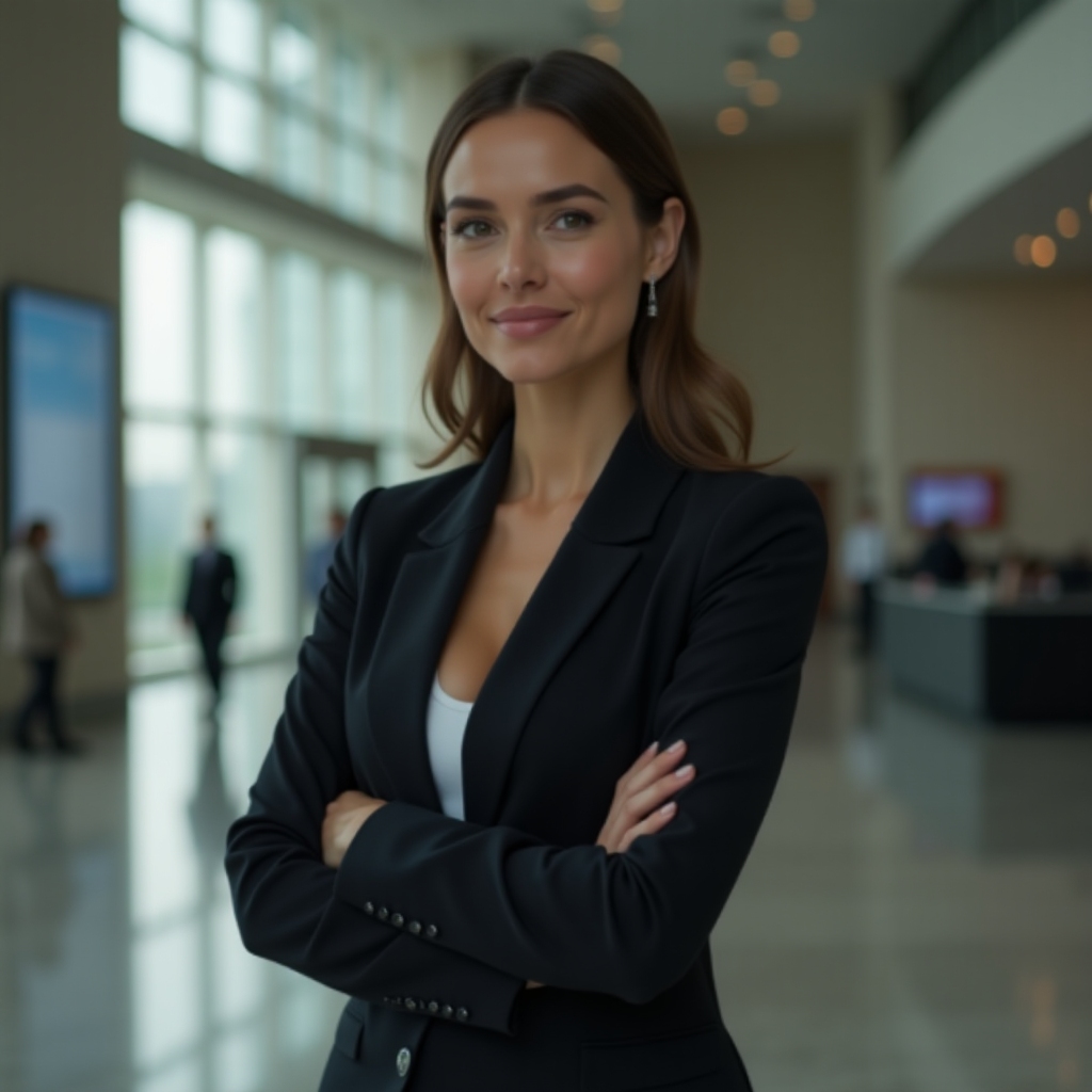 confident businesswoman, sleek suit, folded arms, corporate lobby, cinematic photo, sharp focus