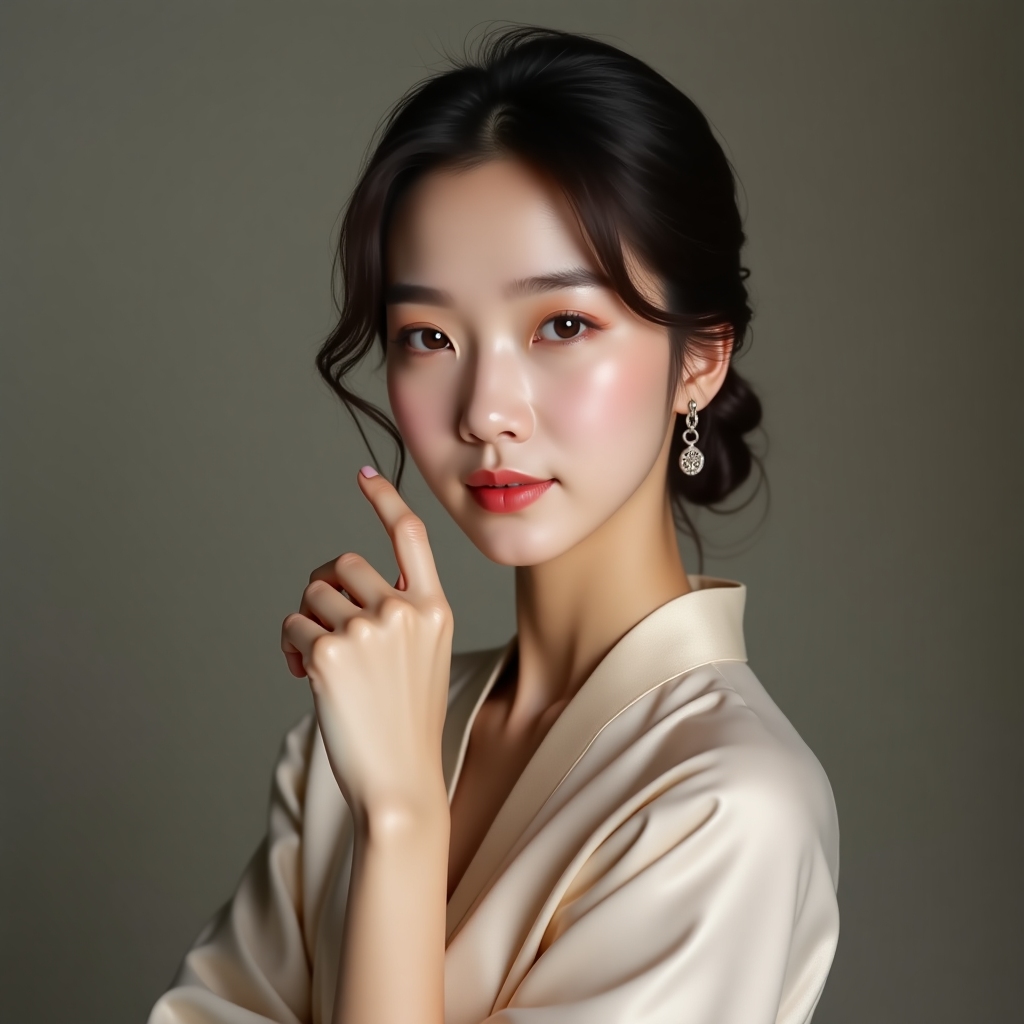 portrait of a korean woman, hanbok inspired modern dress, elegant pose, studio lighting, soft focus, detailed skin texture