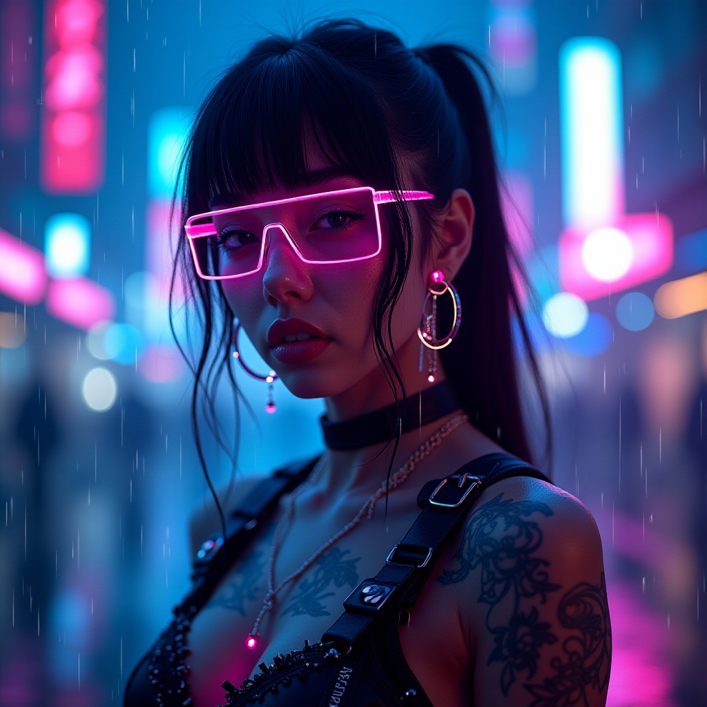 cyberpunk girl, futuristic city, neon rain, chrome accessories, glowing tattoos, cinematic lighting, synthwave palette