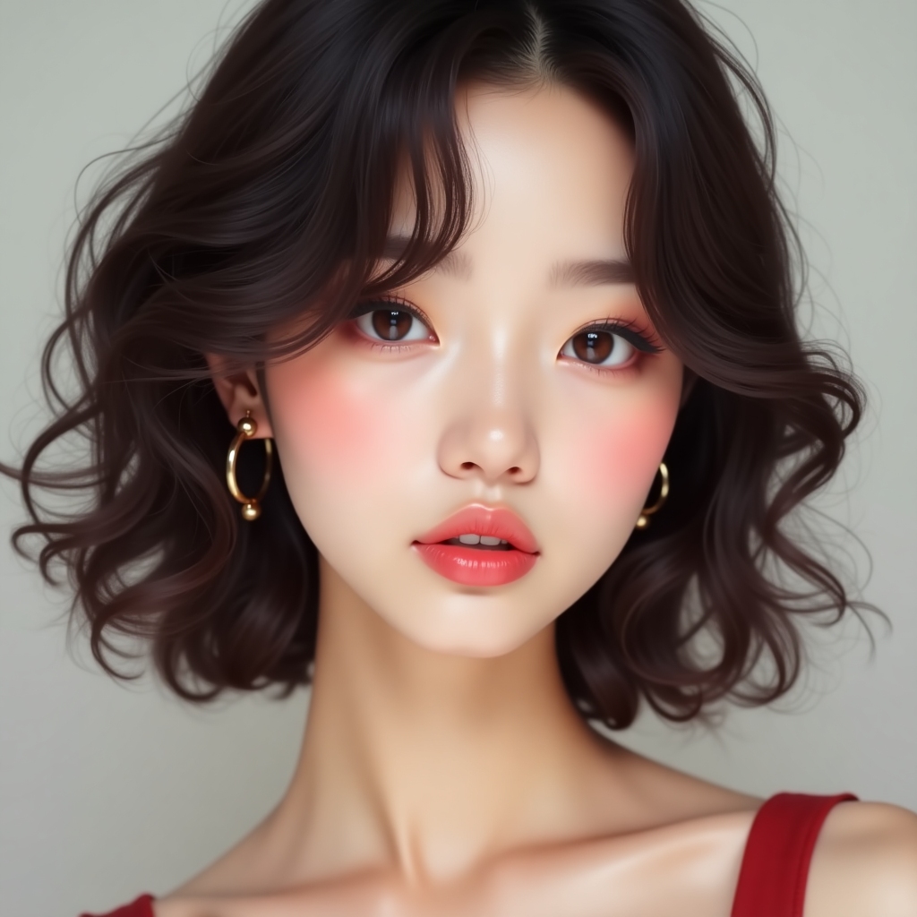 a beautiful korean girl, k-pop idol style, glass skin, soft makeup, curly hair