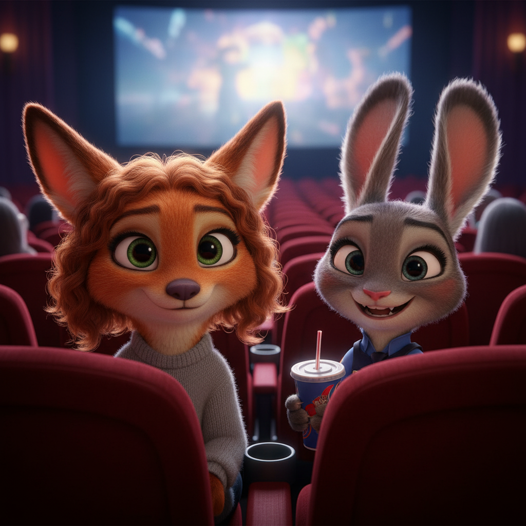 [Reference Image] transformed into a cute 3D Zootopia animal character, sitting inside a movie theater with red seats next to Judy Hopps. Judy is wearing her police uniform, holding a soda, and smiling at the camera. Soft screen lighting on faces. 3D render, Disney Pixar art style, Zootropolis 2 movie aesthetic, highly detailed fur, cinematic lighting, 8k resolution, octane render.