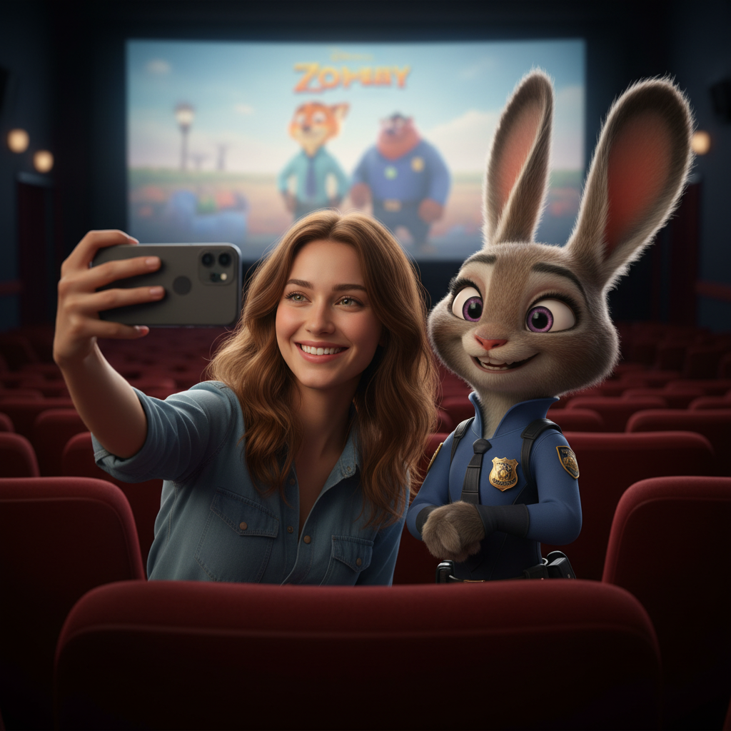 (Human:1.5), (No fur on human:1.5), [Reference Image] A realistic selfie shot inside a movie theater. The main subject is a HUMAN (based on the input photo) posing next to the CGI character Judy Hopps from Zootropolis. Judy is wearing her police uniform and smiling. The human subject retains their real skin texture and facial features. Breaking the fourth wall, mixed reality, highly detailed. cinematic lighting, movie theater setting with red seats, depth of field, 8k resolution, mixed media style, photorealistic human, CGI furry character.