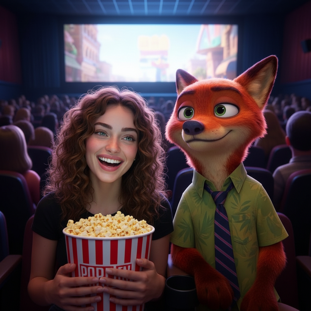 [Reference Image 1 is the Template, Image 2 is the User]. Recreate the first image exactly. Replace the human girl in the first image with the person provided in the second image. KEEP Nick Wilde (the fox) EXACTLY THE SAME. Keep the popcorn and background unchanged. The user's face should match the lighting of the template. Photorealistic blending.