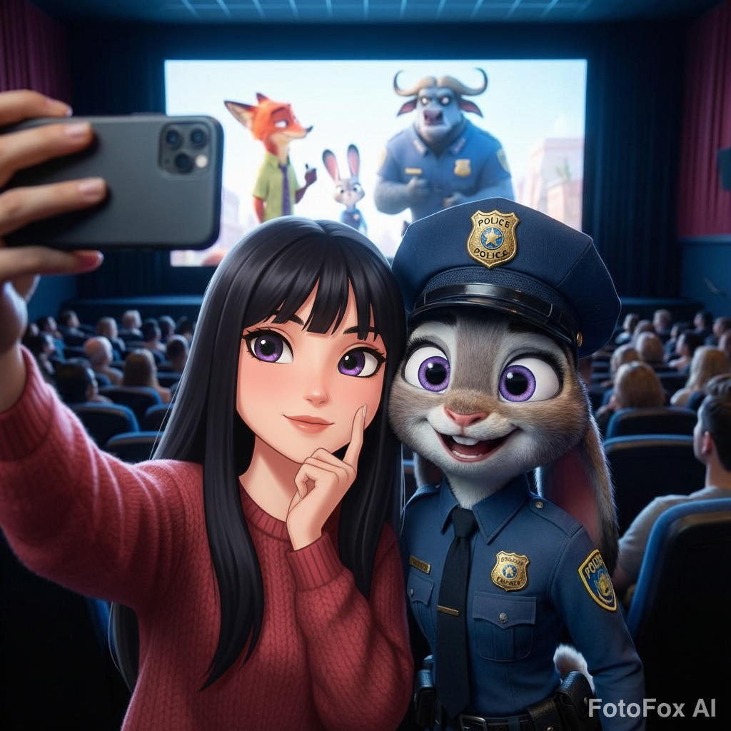 [Ref Image 1: Template, Ref Image 2: User]. TASK: Identity Swap. ACTION: Replace the human's face with the user's face. KEEP Judy Hopps EXACTLY THE SAME. EXPRESSION LOCK: Judy has a warm, cute smile. Big friendly purple eyes. Soft fur texture, NOT realistic gritty fur. The vibe is a fun movie date. The final image must look like a selfie taken by the user with their arm extended.