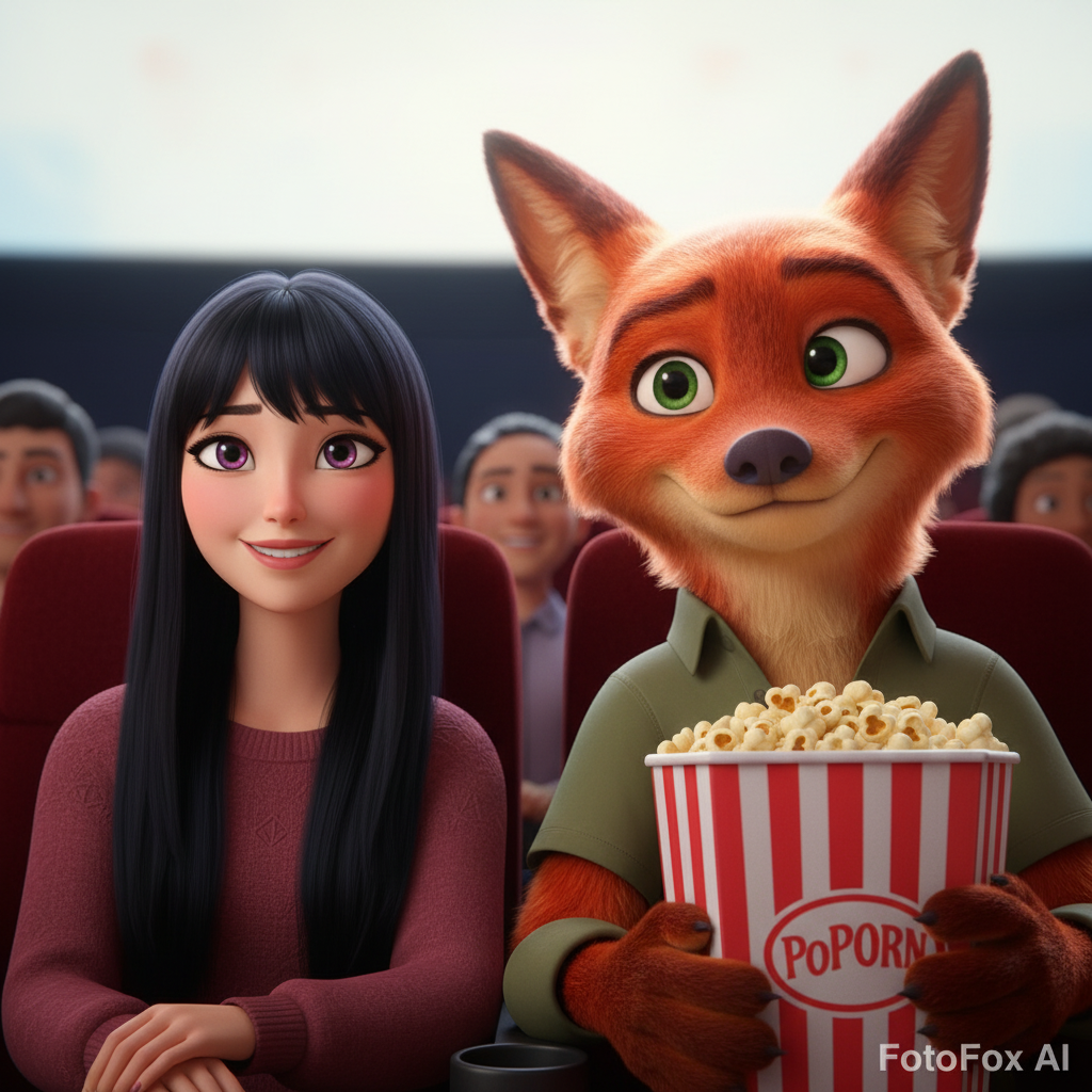 [Ref Image 1: Template, Ref Image 2: User]. TASK: Identity Swap. ACTION: Replace the human's face with the user's face. KEEP Nick Wilde (the fox) EXACTLY THE SAME. EXPRESSION LOCK: Nick must have a charming, friendly smirk. Soft, wide eyes. NOT angry, NOT scary. He is a cute animated character. PRESERVE the popcorn and theater background. The user looks happy.