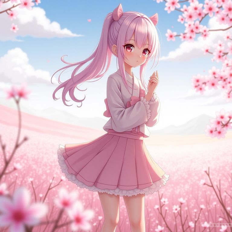 原神风格的美少女，日系大长腿，大眼睛，樱花缤纷的旷野，浪漫