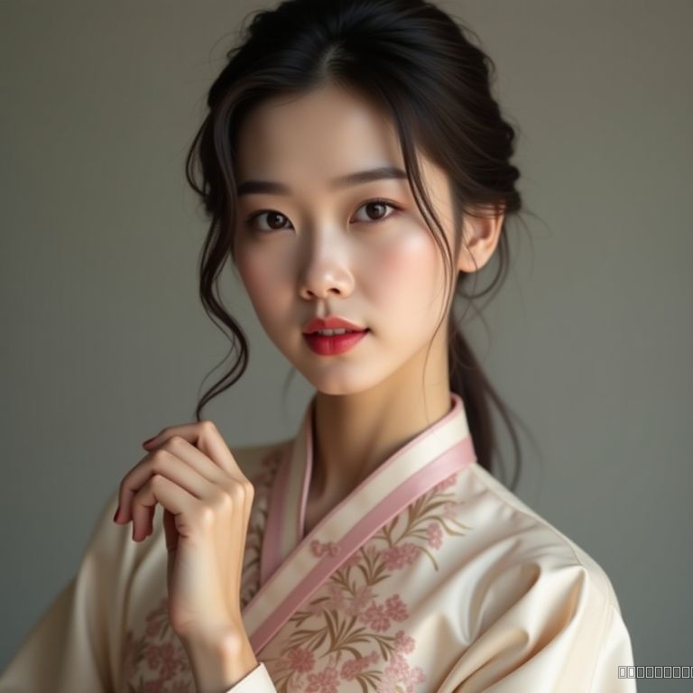 portrait of a korean woman, hanbok inspired modern dress, elegant pose, studio lighting, soft focus, detailed skin texture