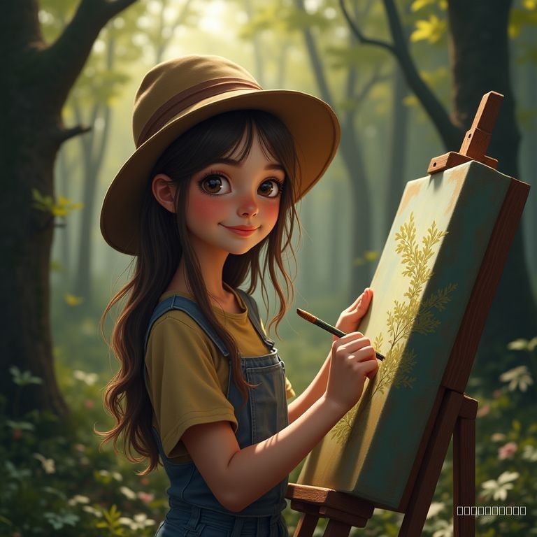 art girl in a forest painting and smiling