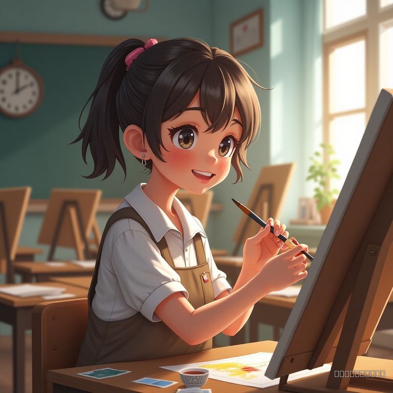 art girl in school classroom painting and smiling，student，modern style