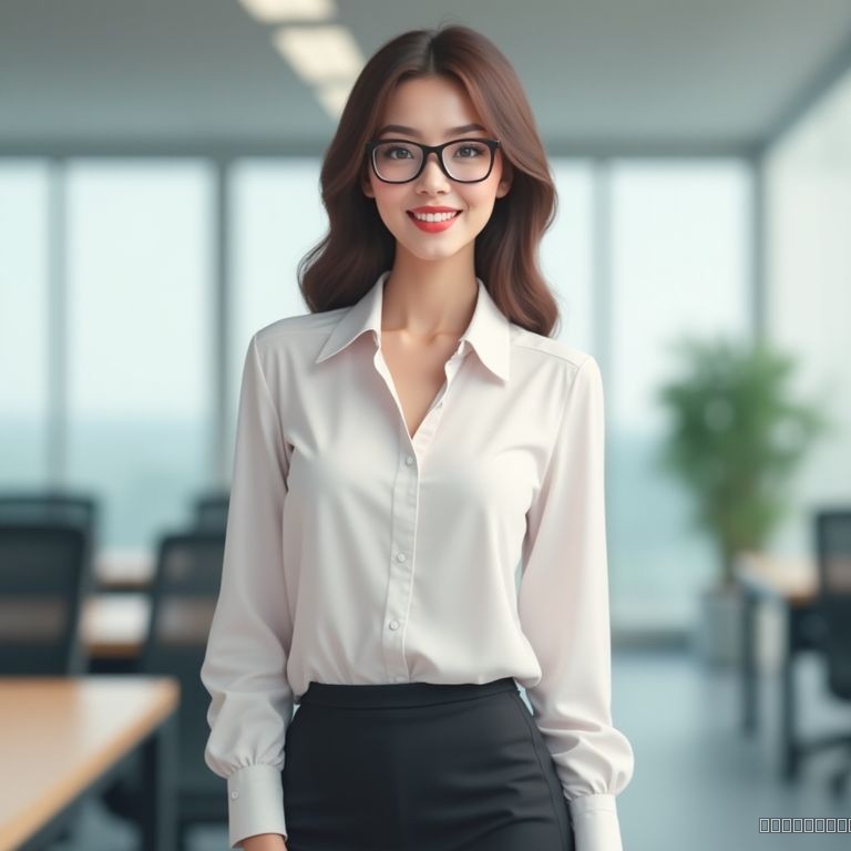 office lady, professional look, white blouse, pencil skirt, glasses, modern office background, depth of field