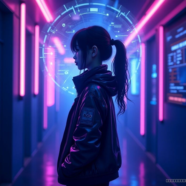 hacker girl in neon-lit alley, holographic ui, purple and teal lights, reflective jacket, cyberpunk illustration