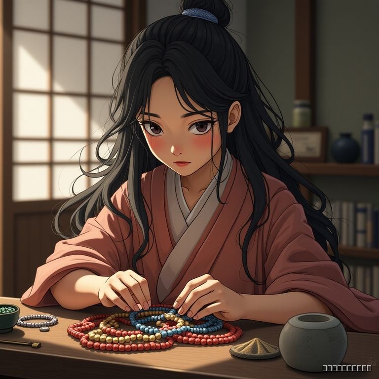 串珠的日本女孩，很认真，18 岁，长发飘逸，聚精会神，室内精致的日式建筑房间内