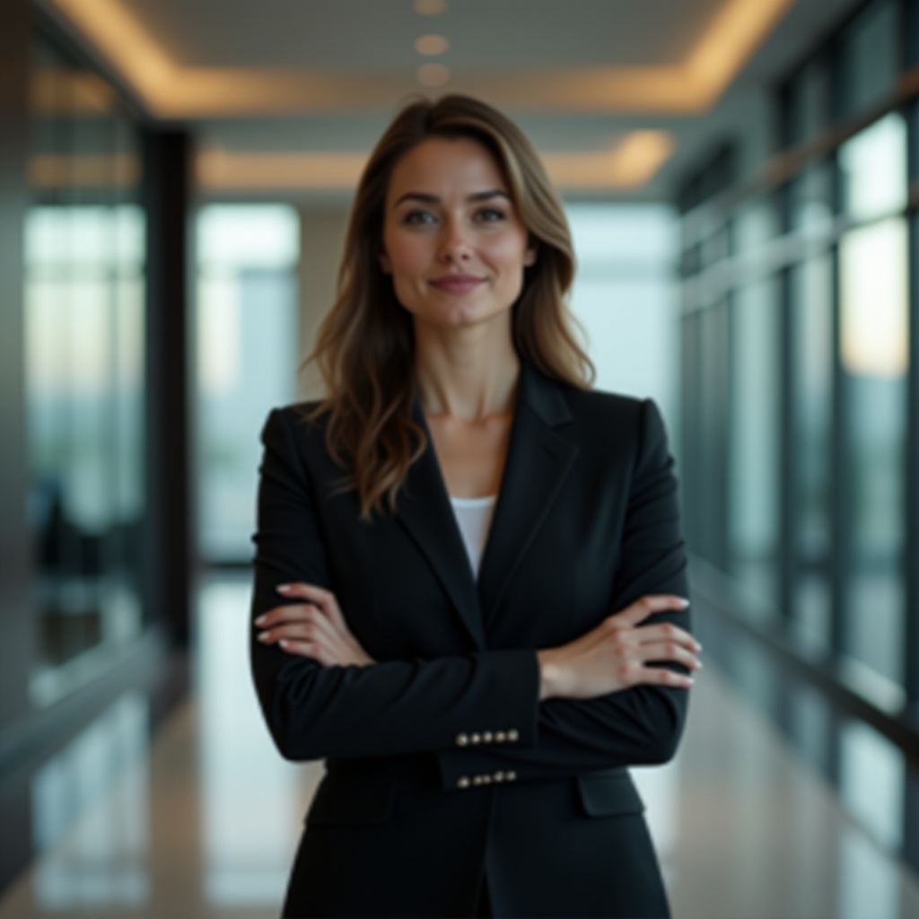 confident businesswoman, sleek suit, folded arms, corporate lobby, cinematic photo, sharp focus