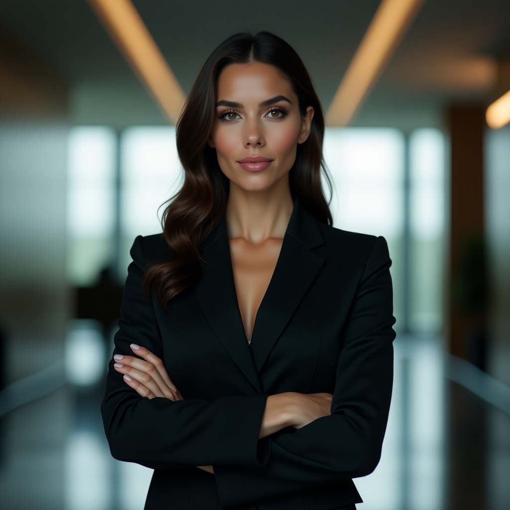 confident businesswoman, sleek suit, folded arms, corporate lobby, cinematic photo, sharp focus