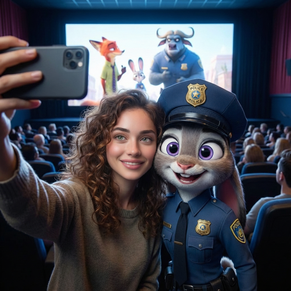 [Ref Image 1: Template, Ref Image 2: User]. TASK: Identity Swap. ACTION: Replace the human's face with the user's face. KEEP Judy Hopps EXACTLY THE SAME. EXPRESSION LOCK: Judy has a warm, cute smile. Big friendly purple eyes. Soft fur texture, NOT realistic gritty fur. The vibe is a fun movie date. The final image must look like a selfie taken by the user with their arm extended.