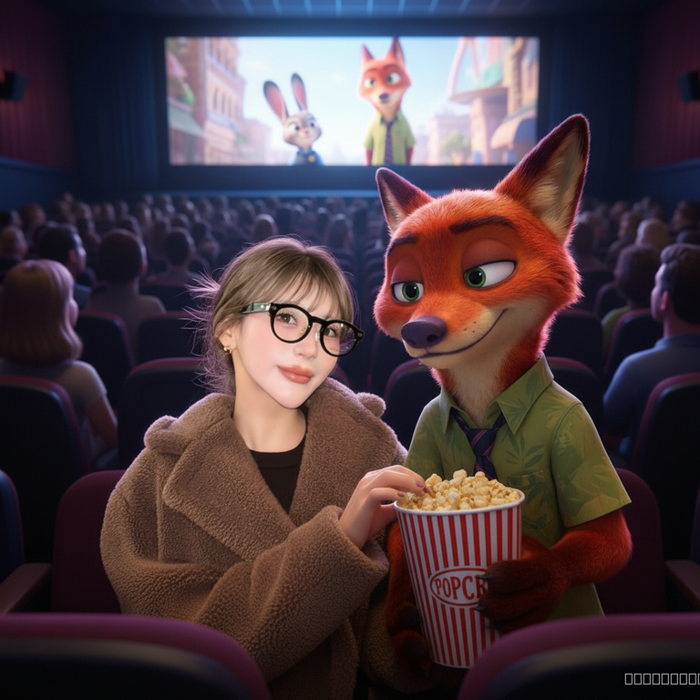 [Ref Image 1: Template, Ref Image 2: User]. TASK: Identity Swap. ACTION: Replace the human's face with the user's face. KEEP Nick Wilde (the fox) EXACTLY THE SAME. EXPRESSION LOCK: Nick must have a charming, friendly smirk. Soft, wide eyes. NOT angry, NOT scary. He is a cute animated character. PRESERVE the popcorn and theater background. The user looks happy.