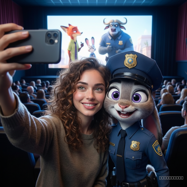 [Ref Image 1: Template, Ref Image 2: User]. TASK: Identity Swap. ACTION: Replace the human's face with the user's face. KEEP Judy Hopps EXACTLY THE SAME. EXPRESSION LOCK: Judy has a warm, cute smile. Big friendly purple eyes. Soft fur texture, NOT realistic gritty fur. The vibe is a fun movie date. The final image must look like a selfie taken by the user with their arm extended.
